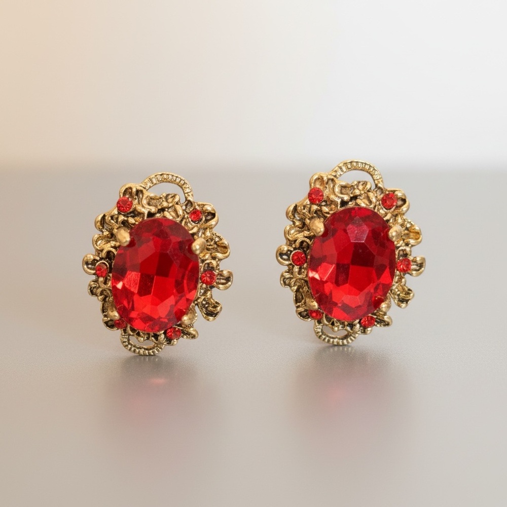 Vintage Ruby Red Statement Clip On Earrings 264